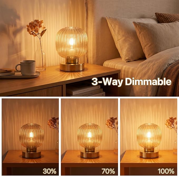 Elenhome Amber Touch Glass Table Lamp Set of 2, 3-Way Dimmable Bedside Lamps, Vintage Mid-Century Modern Nightstand Lamps for Bedroom and Living Room, Ambient Mood Lighting, LED Bulb Included