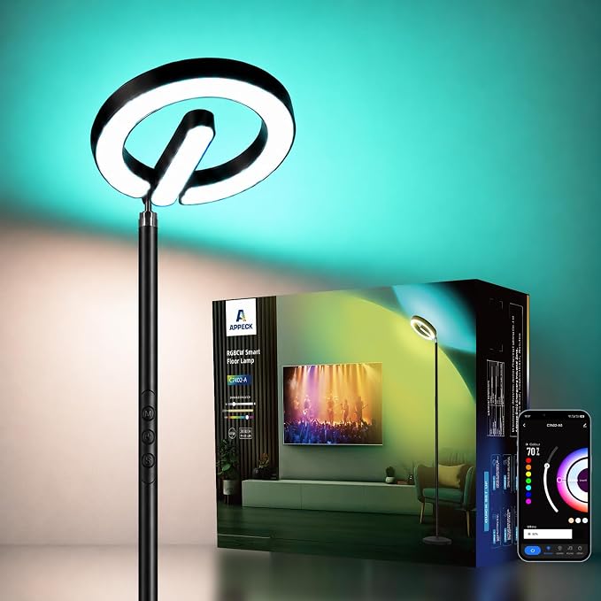 LED Floor Lamp RGBCW, 48W Torchiere Lamp 74 Inch, Ambient Lighting | Dual-Sided, Modern, Dimmable, Color Changing Corner Light for Living Room/Bedroom/Reading/Working, Alexa Compatible, Black