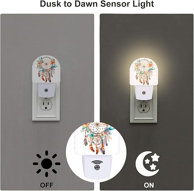 Boho Dream Catcher Flowers Night Light, Watercolor Boho Feathers Floral Dusk to Dawn Night Light Plug in, 0.5w Energy Saving Sleep Friendly NightLight for Kids Boys Girls Home Decor