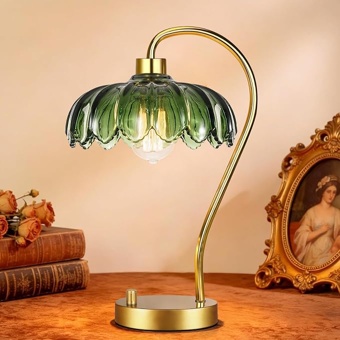 ILLMTW Flower Table Lamp Set of 2,Small Gold Bedside Lamps Dimmable Boho Bedroom Lamp with Glass Green Lamp Shade,Vintage Mid Century Modern Mini Nightstand Lamp for Bedroom Living Room