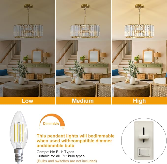15" Gold Crystal Chandelier for Dining Room, 4-Light Modern Dining Room Light Fixtures Over Table, Hanging Pendant Lights Fixture for Kitchen Island Dining Room Living Room Bedroom Foyer Entryway