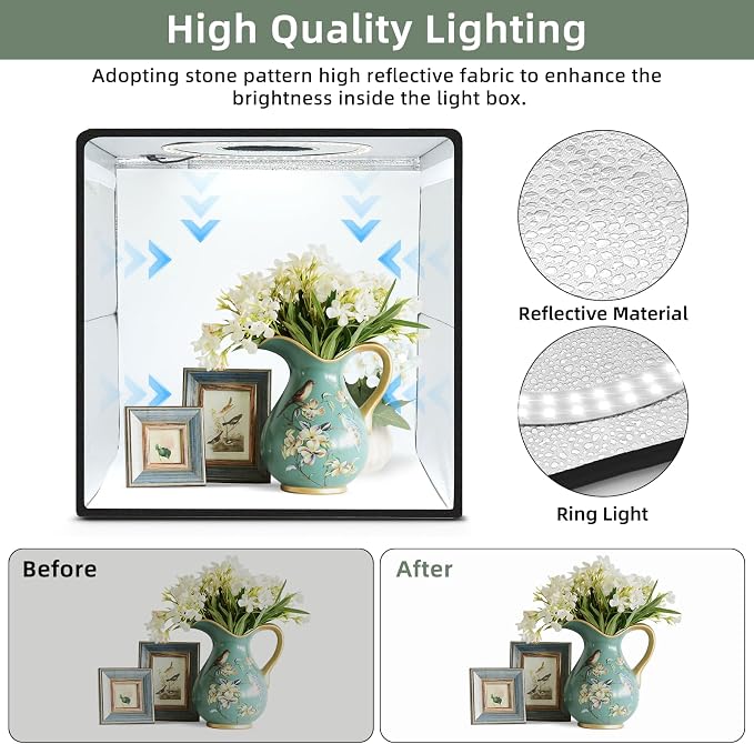 Lightdow 20"x20"x20" Photo Studio Light Box Photography with 300 LEDs(CRI>95) & Type-C Plug(35W)+Cable,6 Backdrops-Portable/Dimmable Folding Shooting Tents for Toys/Jewelry/Bonsai/Bags/Suitcases