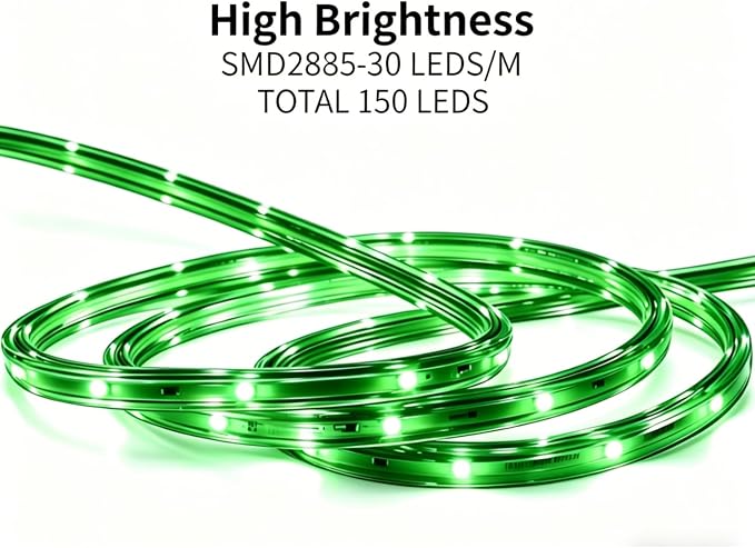 16.4ft Green LED Rope Light Waterproof | Flexible flat design. Connectable. Indoor/outdoor use. Ideal for home, Christmas, garden, patio, party decoration.