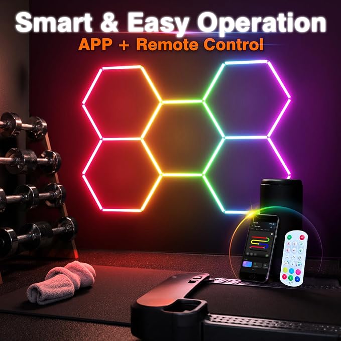 RGB Hexagon Garage Lights, Music Sync LED Hexagon Lights for Gaming Room, Smart App & Remote Control, DIY Honeycomb Ceiling Light for Studio Gym Basement Deco
