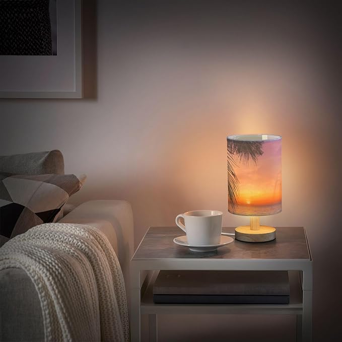 Table Lamp Sunset Ocean Palm Tree Tropical Summer Nightstand Lamp with Wood Base Fabric Lamp Shade Bedside Desk Lamp for Living Room Bedroom Kids Room Office