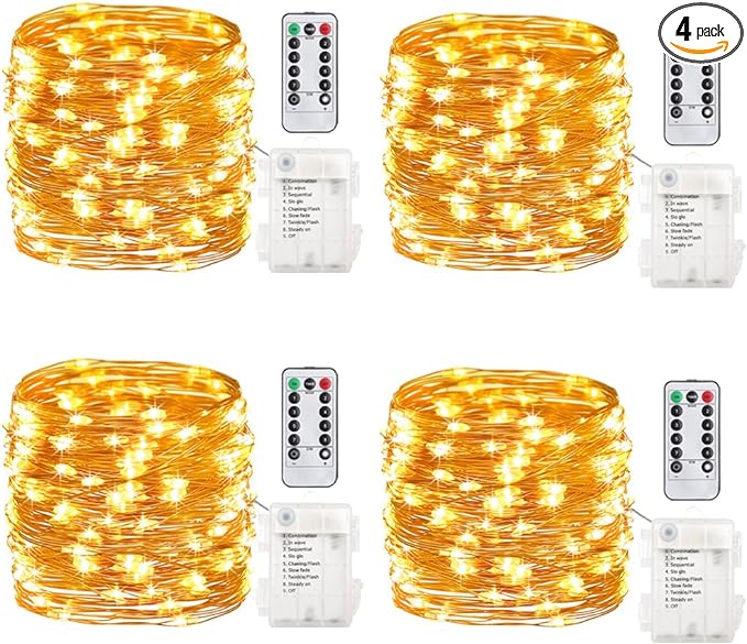 GDEALER 4 Pack 16.4 Feet 50 Led Fairy Lights Battery Operated with Remote Control Timer Waterproof Copper Wire Twinkle String Lights for Bedroom Indoor Outdoor Wedding Dorm Decor Warm White