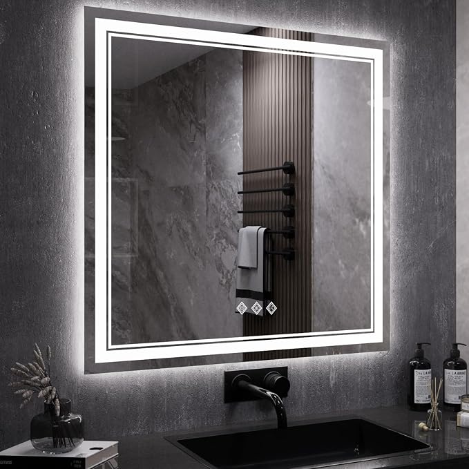 LED Mirror, 40x40 Inch Gradient Front and Backlight Bathroom Mirrors for Wall, 3 Colors Dimmable CRI>90 Double Lights, IP54 Enhanced Anti-Fog, Hanging Plates Wall Mount LED Vanity Mirror