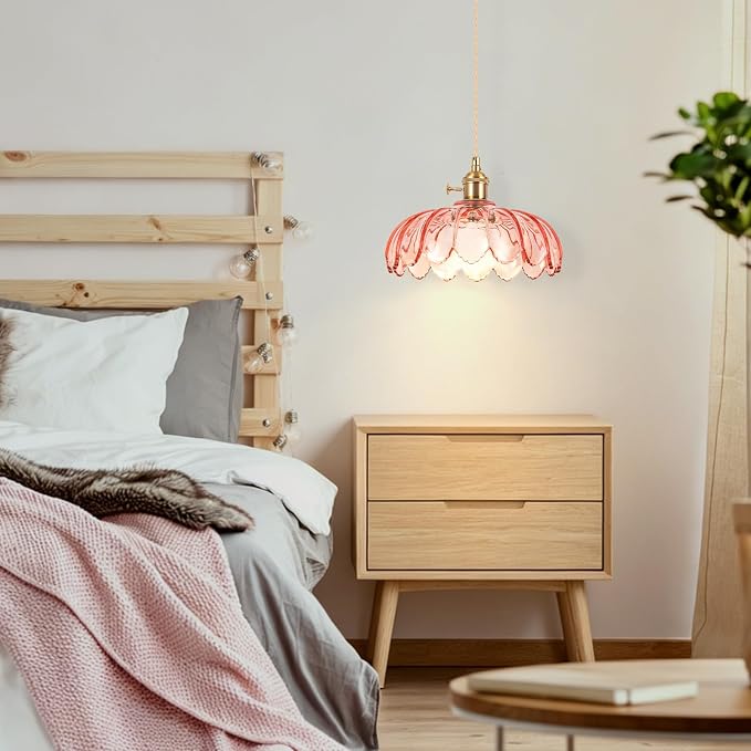 Battery Operated Pendant Light,Pink Vintage Light Fixtures RGB Rechargeable Light Bulb 2500mAh 9.8in with Remote Control Wireless Adjustable Chandelier for Kitchen Island Hallway 1 Light