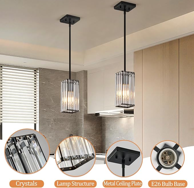 Modern Crystal Pendant Lights Kitchen Island, 1-Light Black Hanging Light with Clear Crystal Shade, Adjustable Height Pendant Lighting for Kitchen Island Dining Room Bedroom Bar Entryway