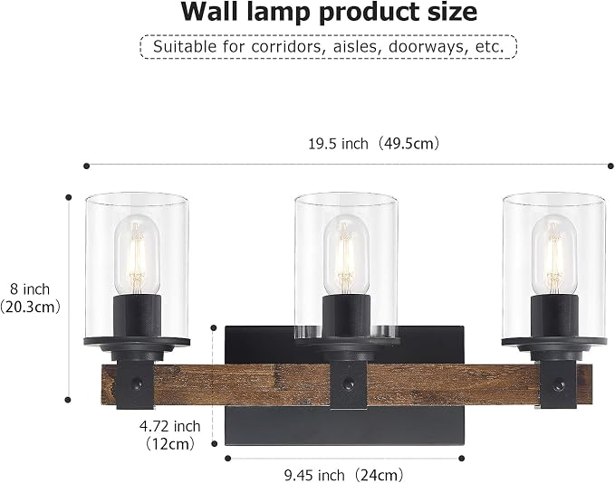 DUJAHMLAND Farmhouse Vanity Light Fixture,3-Light Bathroom Wood Wall Light Over Mirror with Clear Glass Shade, Rustic Vintage Wall Sconce Lighting.(Antique Wood, 3-Light)