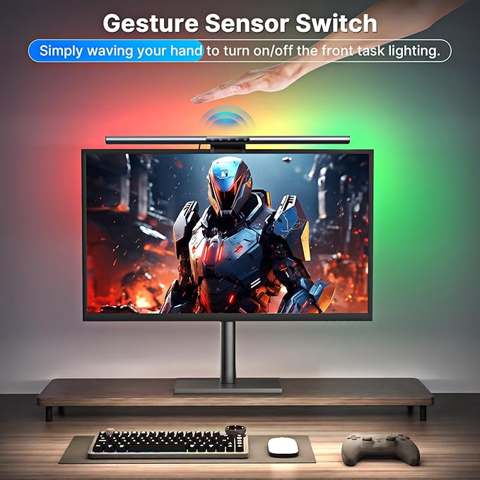 Syrinx 16.7" Computer Monitor Light Bar with Ambient Backlight, USB Reading LED Lamp, Screen Monitor Lamp, Touch + Gesture Control, Dimmable Desk Light, Eye-Caring, No Screen Glare for (RGB)