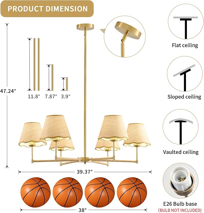 39”Inch Boho Rattan Chandelier 6-Lights Rustic Industrial, Adjustable Hand-Woven Pendant Lighting Fixtures for Dining Room, Bedroom,Living Room, UL Listed, E26Base