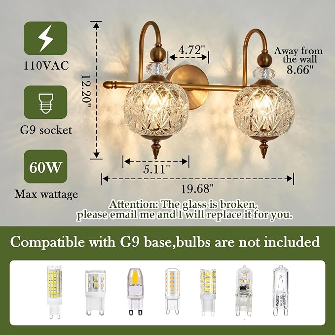 Piepooye Vintage Bathroom Light Fixtures Gold Vanity Light with Glass Globe LampShade 2 Lights Mid Century G9 Bulb Wall Sconce Indoor Vanity Light Over Mirror for Bedroom Farmhouse Hallway