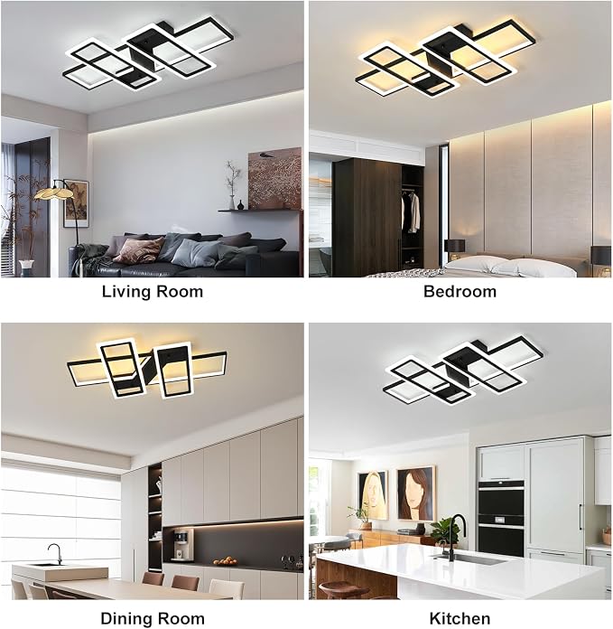 GEADI 35.4" Modern LED Ceiling Light, Dimmable Black Flush Mount Chandelier | 80W 4-Square Geometric Ceiling Lamp with Remote, 3000K-6500K Dimming, Memory, 4800 Lumens, Low Profile for Bedroom, Kitchen