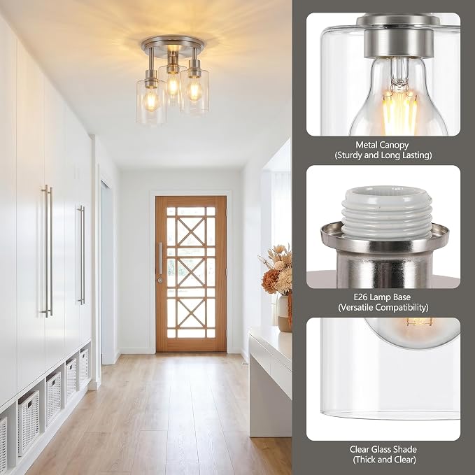Semi Flush Mount Ceiling Light, 3 Light Close to Ceiling Light Fixtures, Brushed Nickel Finish Kitchen Light Fixtures with Clear Glass Shades, Modern Hallway Light Fixtures Ceiling Mount, 8.8"X11"