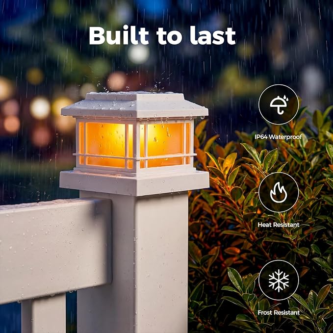 JOFIOS Flickering Flame Solar Post Cap Lights Outdoor, White Post Lights with 3 Color Temperature, Fits 3.5" 4" 4.5" 5" Wood/Vinyl Posts, IP64 Waterproof Fence Deck Lights for Garden Patio Yard 16Pack