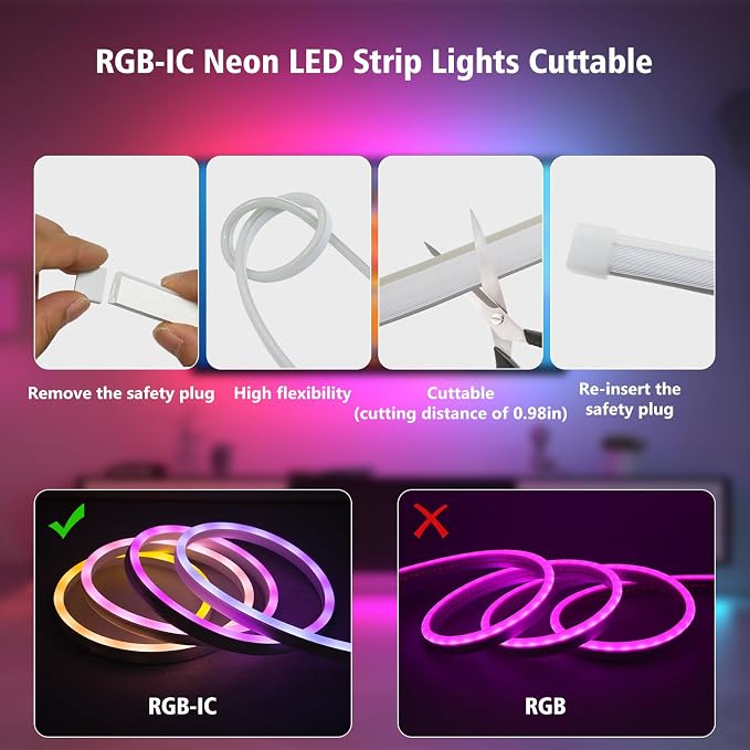 32.8Ft LED Neon Rope Lights, RGB Built in Chip Neon Strip Lights | Waterproof Led Neon Lights with Remote APP Control, Music Sync, 24V IP68 for Bedroom Gaming Room Outdoor