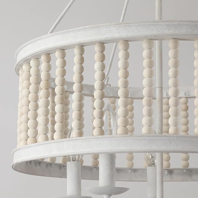 Drum Pendant Chandelier, Boho Wood Beaded Distressed Farmhouse Chandeliers for Entryway Dining Room, Vintage Handmade Chandelier Retro Antique White Lighting fixtures Hanging 5-Light W19.7