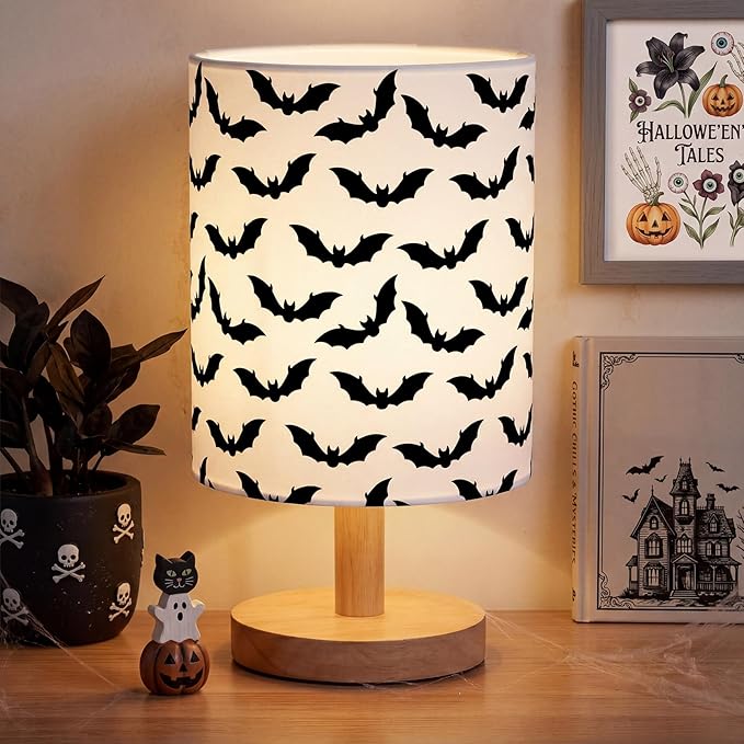 Bats Kids Table Lamp for Bedroom Kids Bedside Lamp with Linen Wooden Nightstand Cartoon Nursery Lampshade for Girls Boys Living Room
