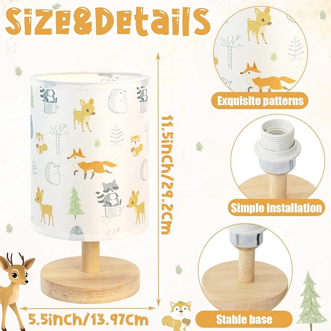 Animal Table Lamp for Bedroom Kids Bedside Lamp with Linen Wooden Nightstand Cartoon Nursery Lampshade for Boys Girls Room Decor
