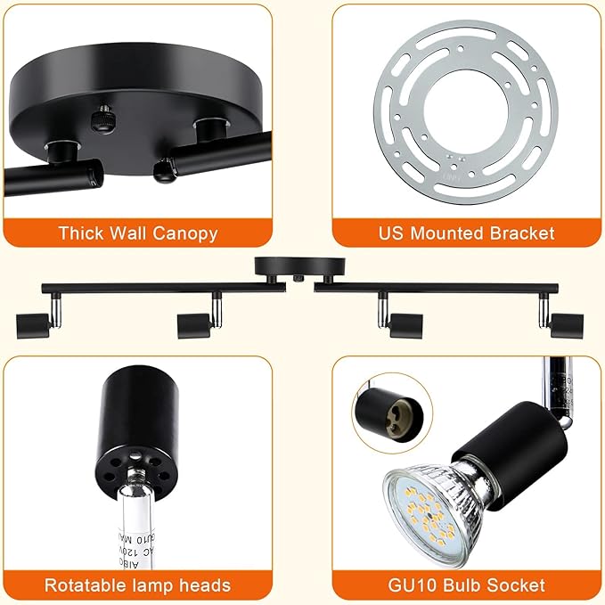 HURYEE Track Lighting Kit, 4 Head Foldable Ceiling Spot Light with GU10 Socket for Kitchen Hallyway Bedroom Fixture Directional Accent Lamp