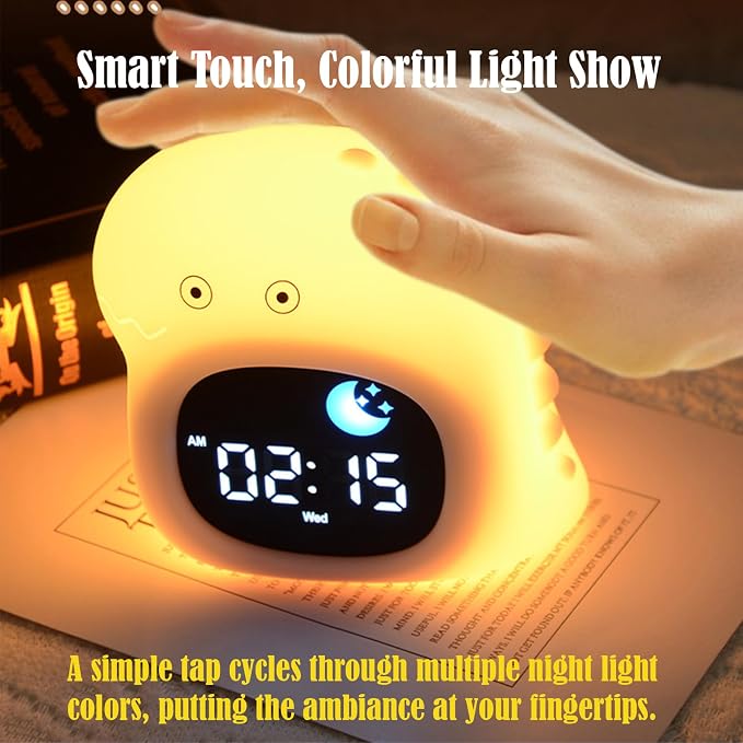 Cat Cartoon Ok to Wake Alarm Clock, White Noise Tap Night Light for Room | 6 White Noise Sounds, 8 Light Modes, Dual Alarm & Snooze, Dimmable LED, Type-C Rechargeable, 12/24 Hour Display