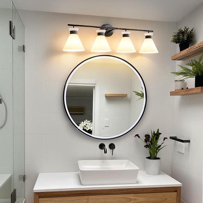 Black Bathroom Vanity Light Fixtures: Bathroom Lighting Fixtures over Mirror 36 inch with Milky White Frosted Glass, 4 Bulbs Farmhouse Vintage Vanity Lighting Bathroom Wall Light(Exclude Bulb)