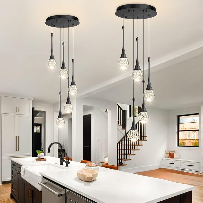 cenzoz 5-Lights Modern Pendant Lights for Kitchen Island LED Dimmable Chandelier Crystal Glam Ceiling Pendant Lighting for Dining Room Hallway Bedroom Lamp Black