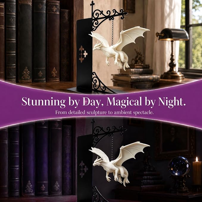 Magical Floating Dragon Bookshelf Lamp, Warm LED Dragon Night Light, Fantasy Reading Nook Decor, Unique Gift for Fantasy Lovers and Book Readers (White)