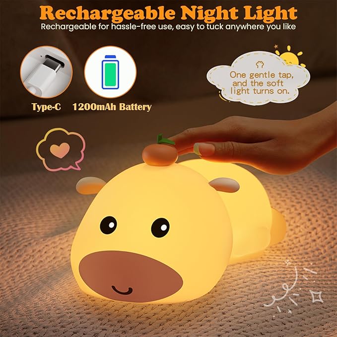 Night Light for Kids, Cute Capybara Silicone Night Light, 3 Brightness Levels Dimmable Lamp, Bedside Nursery Lamp with Timer, Squishy Rechargeable Animal Nightlight for Boys Girls Room Decor (Orange)