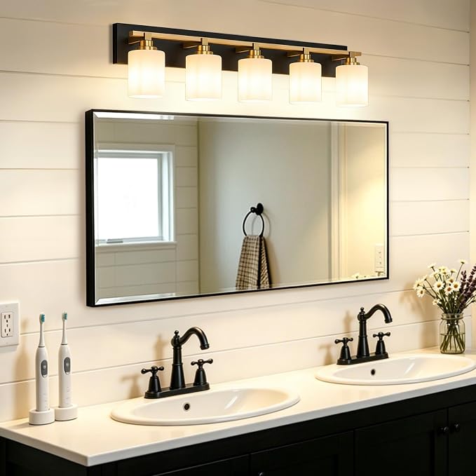 Black and Gold Bathroom Light Fixture, Modern 5 Light Vanity Lights for Bathroom Lighting Fixtures Over Mirror, White Glass Lampshade, Master & Guest bathrooms Bathroom Remodel, 35.4-inch