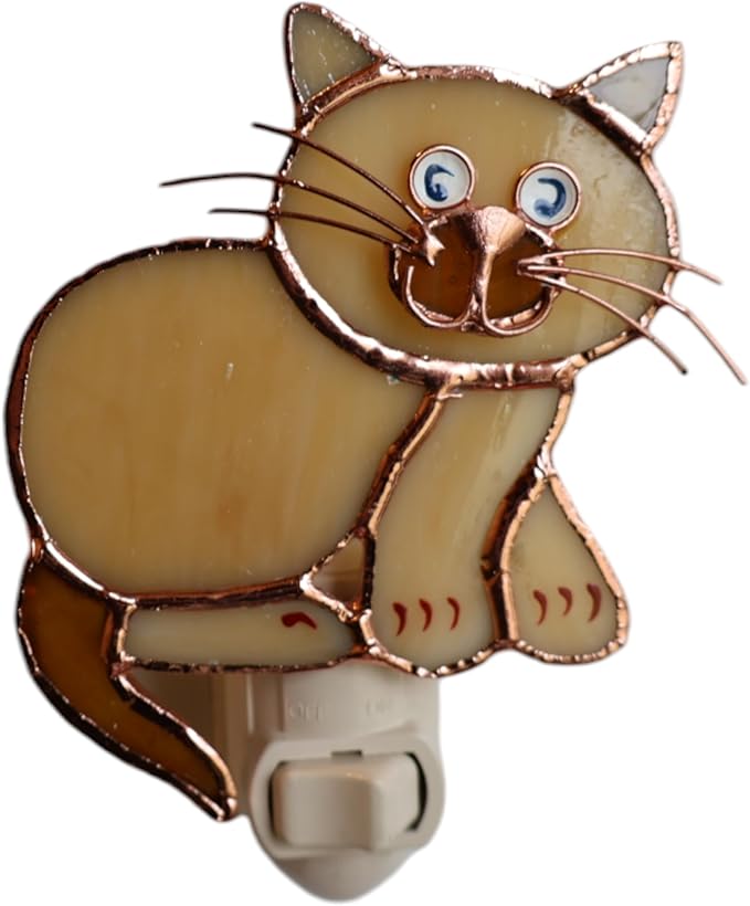 Gift Essentials Tan Cat Plug in Night Light - Stained Glass Nightlight with On/Off Rocker Switch - Includes One 4 Watt Replaceable Incandescent Warm Glow Bulb