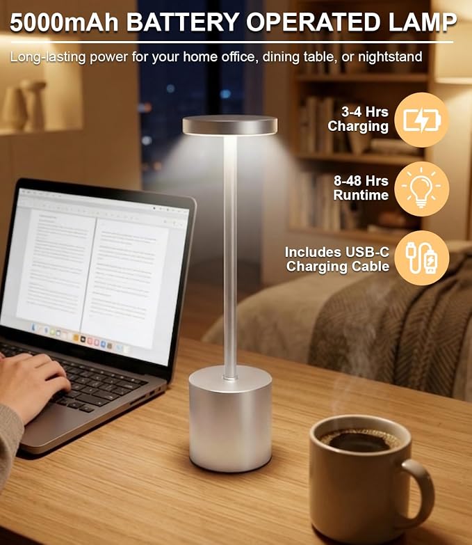 Silver Cordless Table Lamp Rechargeable - 2 Pack 5000mAH Battery Operated Lamp for Counter, 3 Color Stepless Dimming Waterproof LED Wireless Lamp for Dining Kitchen, Outdoor Patio, Touch Control