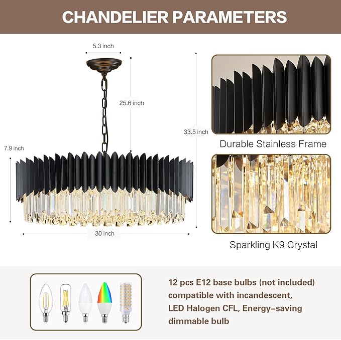 30" Modern Black Crystal Chandelier 12 Lights 6-Tier Large Ceiling Pendant Light Fixture Hanging Ceiling Light for Dining Room Living Room Bedroom Entryway Foyer