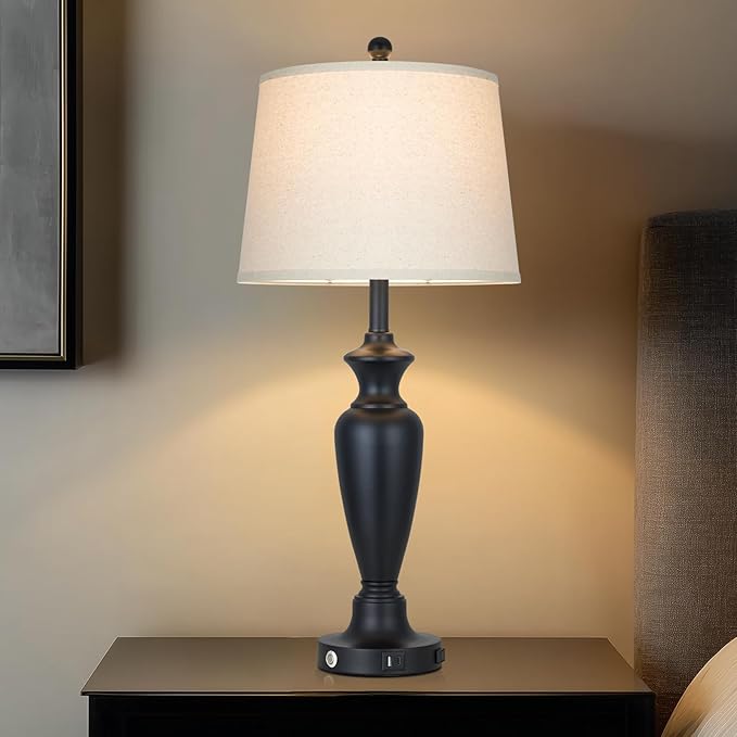 Black Table Lamp for Living Room Single, 30″ Tall Touch Control Bedside Lamp for Bedroom, 3-Way Dimmable Nightstand Lamp with USB A+C Ports and AC Outlet (1 Pack)