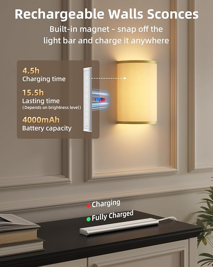 EZVALO Battery Operated Wall Sconce, Wireless Wall Sconces Set of Two with Remote, 3 Color & 80 RGB Rechargeable Wall Lights, Dimmable, Timer, White Linen Shade Wall Decor for Bedroom, Living Room