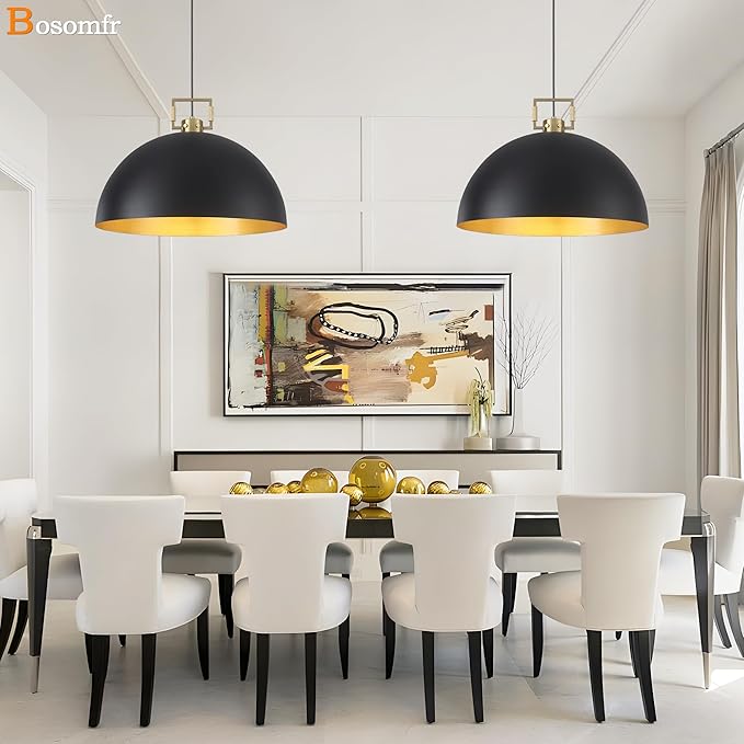 19.7" Vintage Pendant Light Industrial Pendant Light Dome Black and Gold Large Chandelier Light for Kitchen Island, Dining Room, Bedroom,Farmhouse Pendant Lighting