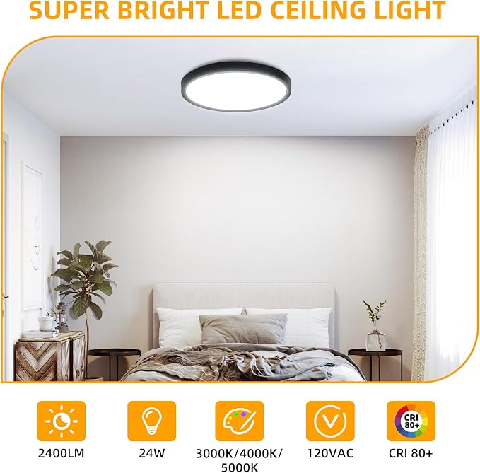 Hlite 12 Inch Flush Mount LED Ceiling Light,2400LM,3CCT,4 Pack | 24W 3000K/4000K/5000K Selectable,Low Profile Ceiling Light Fixtures for Kitchen Bedroom Hallway Laundry Room Closet,Black