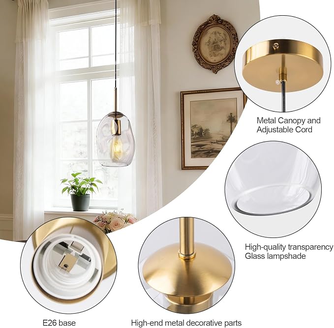 Modern Clear Glass Pendant Lights for Kitchen Island, E26 Base | H8.6 Inch Hand Blown Ideal for Bedroom/Hallway/Bathroom/Dining Room/Foyer, Organic Globe Adjustable Hanging Height Fixtures
