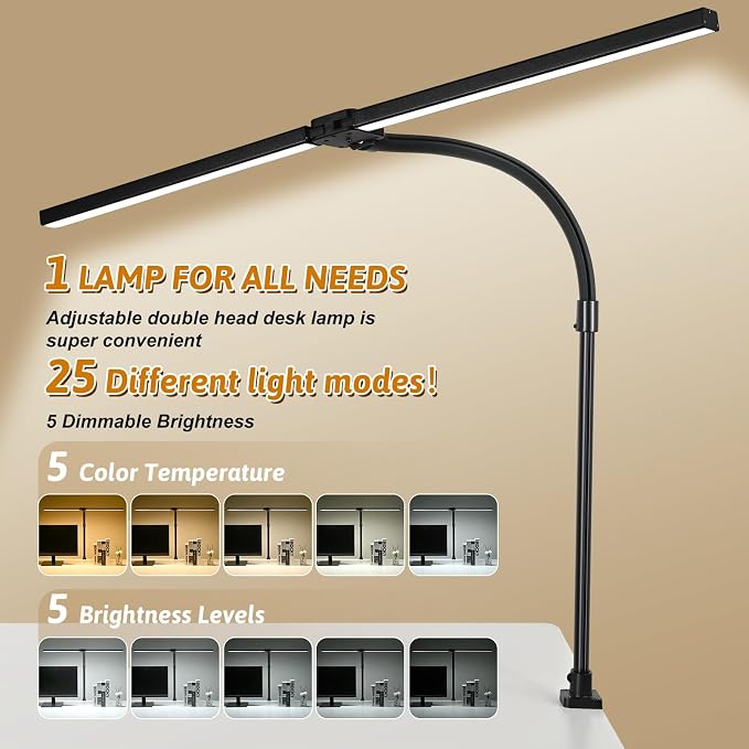 LED Desk Lamp with Base, 18W Dimmable Light, No Remote | 18W Dimmable Eye-Caring Clamp Light with Anti-Glare Cover and Flexible Gooseneck for Office, Dorm, Home and Study