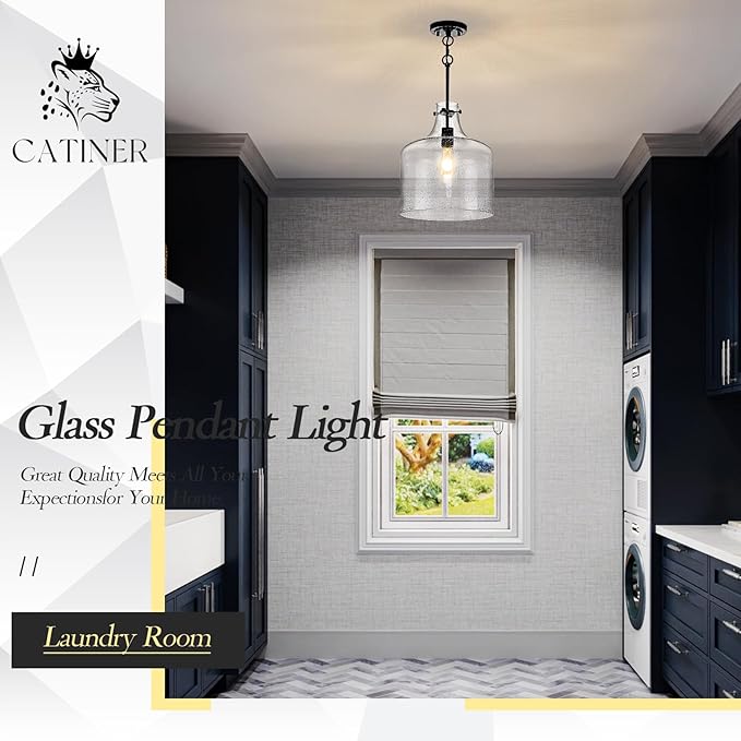 12" Black Seeded Glass Pendant Light, Modern Farmhouse Hanging Ceiling Light Fixture for Kitchen Island, Dining Room, Hallway, Hand-Blown Bubble Glass Shade, E26 Dimmable Pendant Lighting