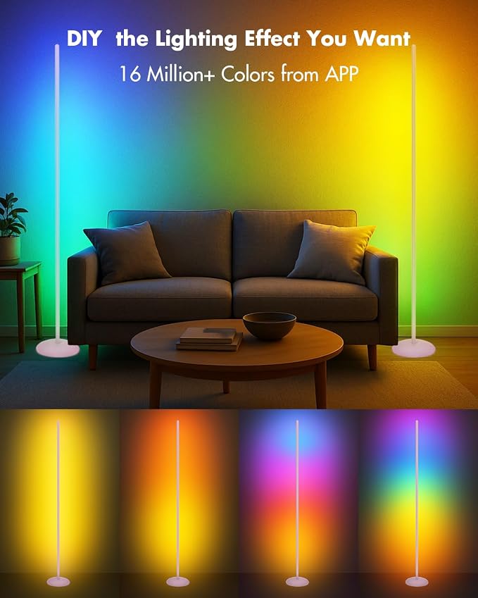 LED Corner Lamp, Smart RGB Floor Lamp for Living Room, Bedroom | 1200LM Dimmable with 16 Million Color Changing, Music Sync, APP & Remote Control, Standing LED Light for Gaming Room - Silver