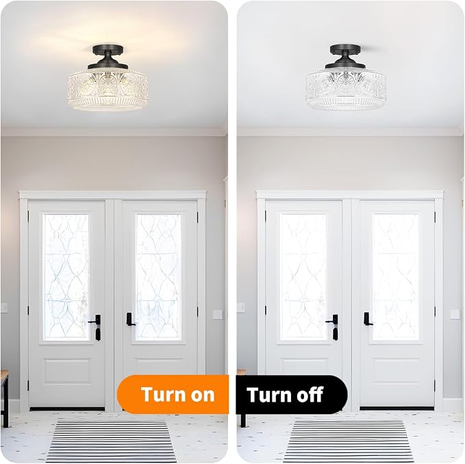 DSMJFU Black Semi Flush Mount Ceiling Light, 3-Light Vintage Ceiling Light Fixture, Hallway Lighting Fixture with Thickened Glass, 12In Kitchen Ceiling Mount Light for Entryway Bedroom Bathroom, E12*3