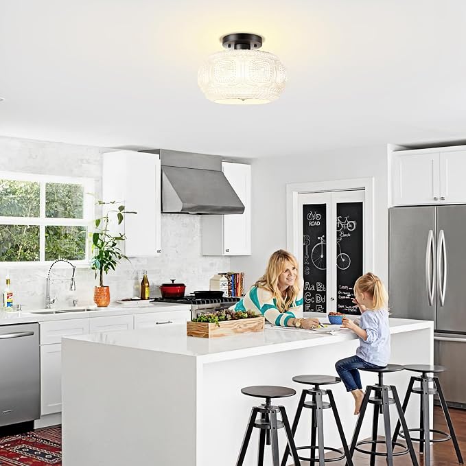 Semi Flush Mount Ceiling Light, Upgraded Larger Milk Glass Shade Modern Ceiling Light Fixture, Vintage Black Lighting for Hallway Bedroom Entryway Kitchen Porch
