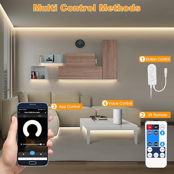 Tatazone WiFi Smart White COB Led Strip Light with Remote | 16.4ft, 3000K, Work with Alexa and Google, Timer, Group Control, Dimmable Warm White for Cabinet, Room, Kitchen, Shelf