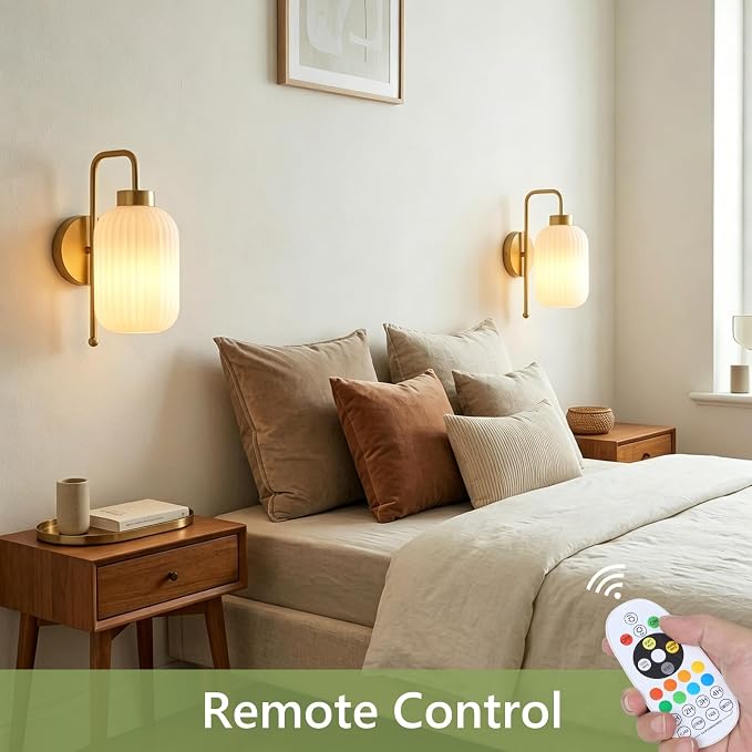 LAMSU Vintage Battery Operated Wall Sconces Set of 2, Wireless Wall Lights with Cream Glass Shade, Remote and Color Temperature Bulb, Gold Rechargeable Cordless Wall Lamps for Bedroom Living Room