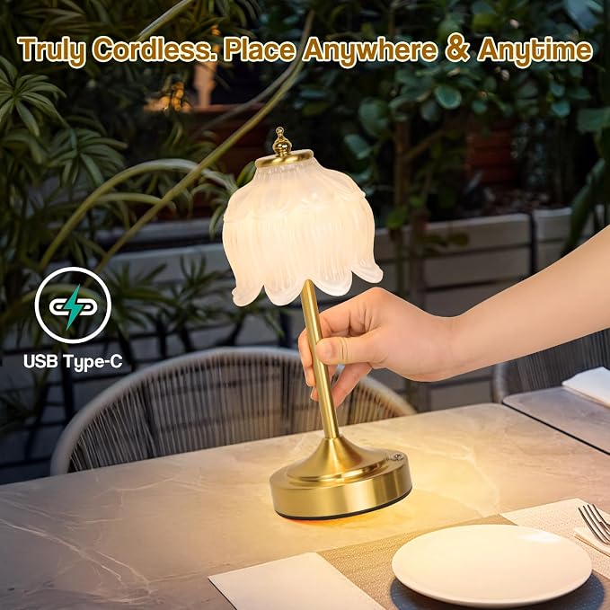 Cordless Table Lamp, Rechargeable White Glass Lotus Flower Lamp | 5200mAh touch lamp with 3 color modes and stepless dimming, battery operated lamp for nightstands and kitchen counters