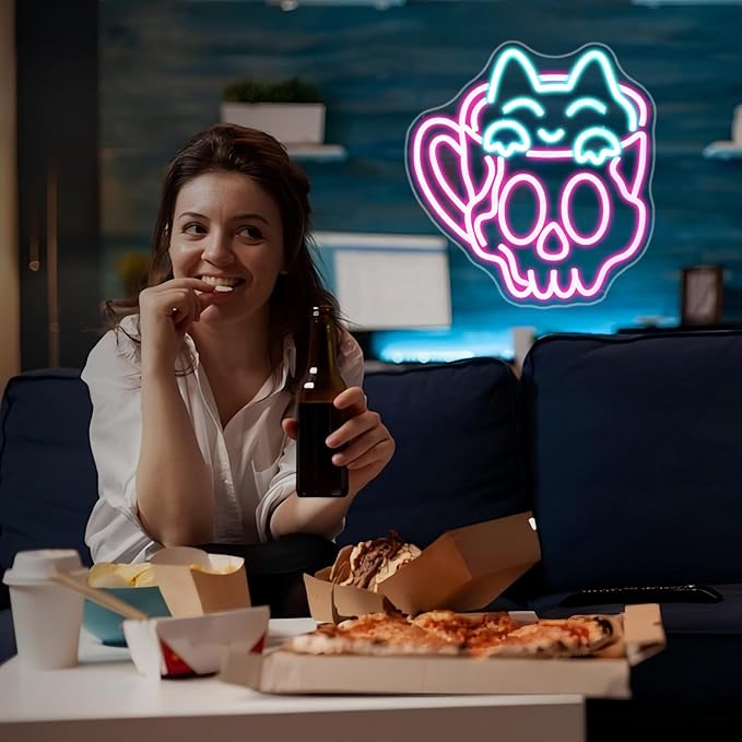 Neon Sign, JGHTURIE Cup Neon Signs for Wall Decor Funny Skull Cat Light Up Sign USB Powered Pink Led Signs for Man Cave Business Coffee Cafe Shop Bakery Hotel Store