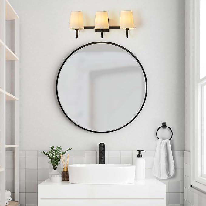 Globe Electric 63000206 5-Piece All-in-One Bathroom Set, 3-Light Vanity Light, Matte Black, Linen Shades, Towel Bar, Robe Hook, Toilet Paper Holder, Towel Ring, Bathroom Lights Over Mirror