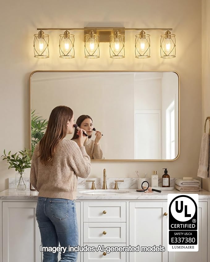 6-Light Brushed Gold Bathroom Light Fixtures Over Mirror, 42" UL-Listed Modern Wall Sconce Lights with Clear Glass and Metal Cage for Bath, Hardwire E26, CH9176BG-6W